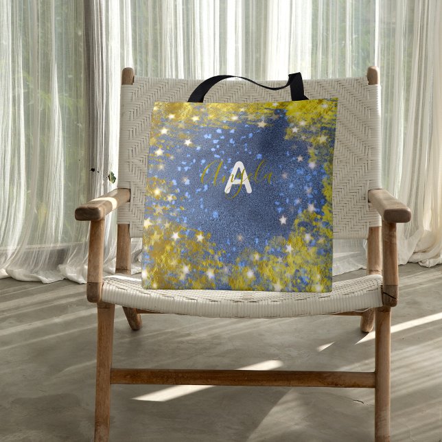 Bolsa Tote Rico Chic Starry Glittery Blue E Dourada Girly (Criador carregado)