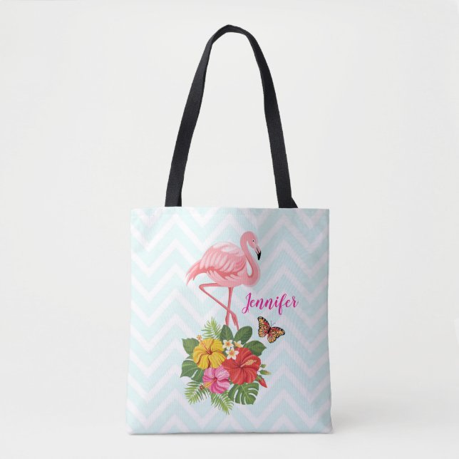 Bolsa Tote Rico rosa Flamingo e Hibiscus Tropical (Frente)