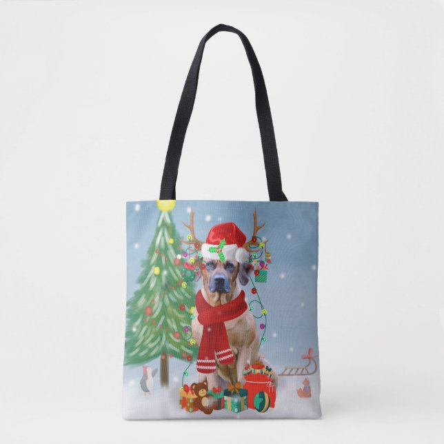 Bolsa Tote Ridgeback Dog em Presente de Natal na Neve (Frente)