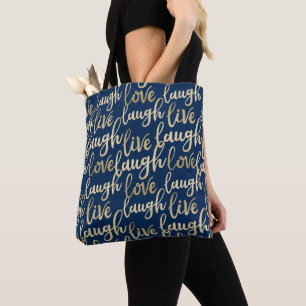 Bolsa Tote Rir ao Vivo Amor Falso Dourado Azul Escuro