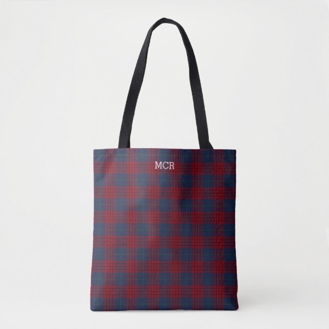 Bolsa Tote Robinson Clan Tartan Blue e Red Xadrez Monograma (Frente)
