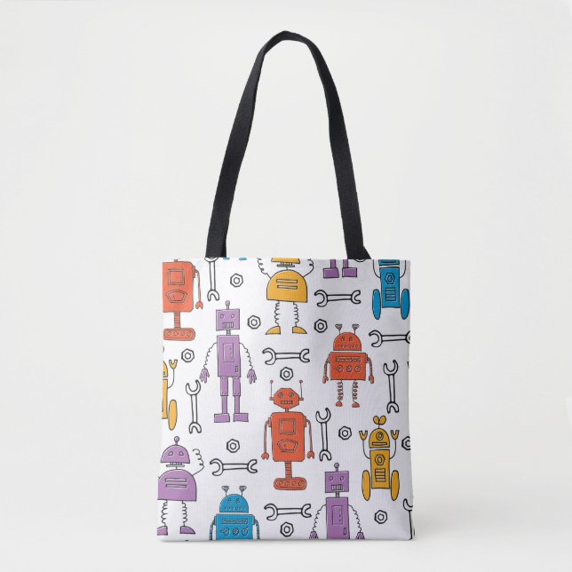 Bolsa Tote Robôs de rabisco. Um padrão perfeito. Carro de des (Frente)