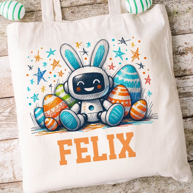 Bolsa Tote Robot Páscoa Kids Nome Boys Bunny (Boys Easter Tote)