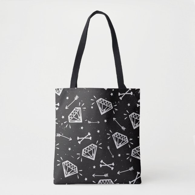 Bolsa Tote Rock Grunge: diamantes, padrão ósseo. (Frente)