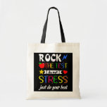 Bolsa Tote Rock The Test Teacher Test Day Testing Day Funny<br><div class="desc">Rock The Test Teacher Test Day Testing Day Funny Teacher Gift. Perfect gift for your dad,  mom,  papa,  men,  women,  friend and family members on Thanksgiving Day,  Christmas Day,  Mothers Day,  Fathers Day,  4th of July,  1776 Independent day,  Veterans Day,  Halloween Day,  Patrick's Day</div>