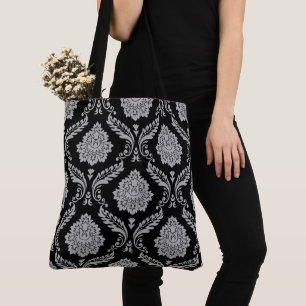 Bolsa Tote Rococó Damasco Grande Padrão Cinza no Preto