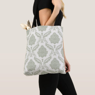 Bolsa Tote Rococó Damasco Grande Padrão Verde sobre Creme