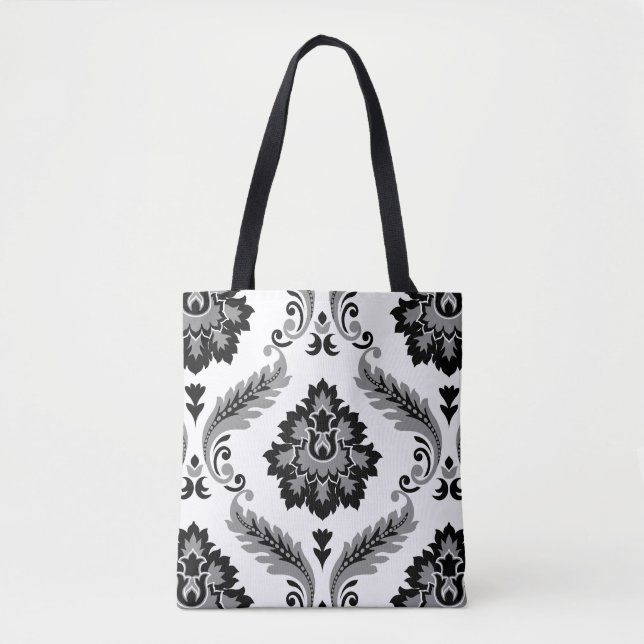 Bolsa Tote Rococo Damask Padrão Grande Cinza Preto Branco (Frente)