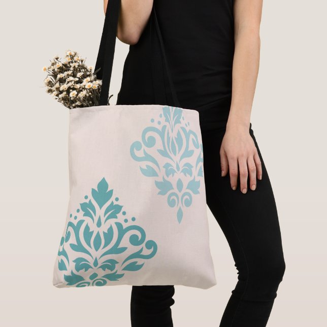 Bolsa Tote Rolar Damask Art I Teals on Cream (Close Up)