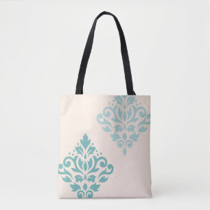 Bolsa Tote Rolar Damask Art I Teals on Cream