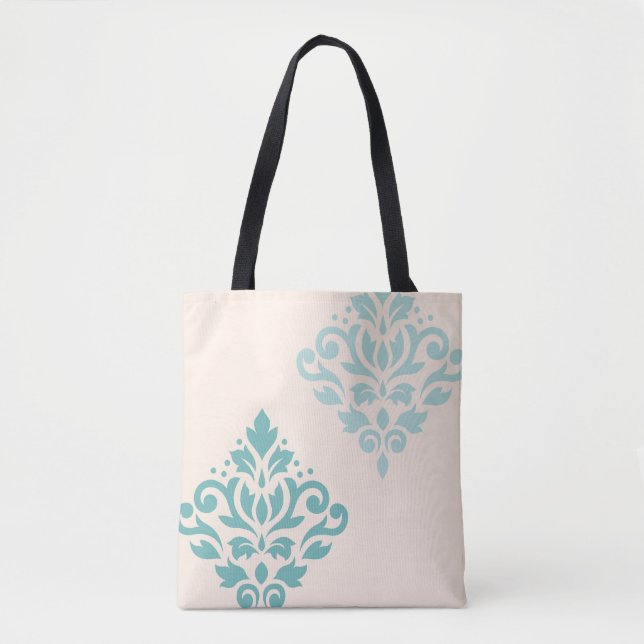 Bolsa Tote Rolar Damask Art I Teals on Cream (Frente)