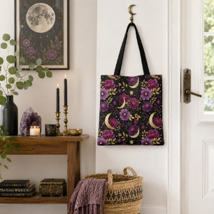 Bolsa Tote Romance Sombrio Lua Celestial Roxo Dourado