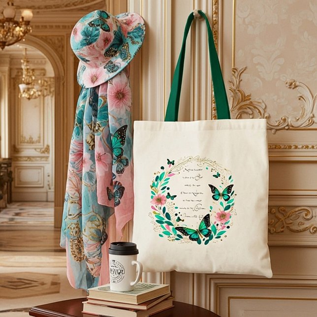 Bolsa Tote Romanos 8:28 Flores e borboletas (Criador carregado)