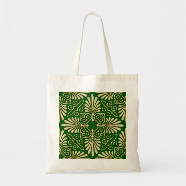 Bolsa Tote Romântica Retro Art Deco Damask Green Dourado 01 (Frente)