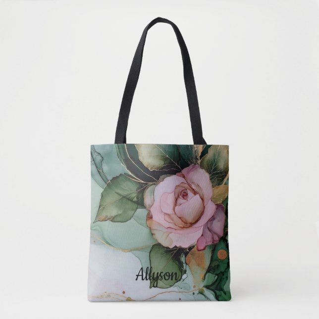 Bolsa Tote Romântico Dourado Rosa Corado Rosa Floral Chuveiro (Frente)