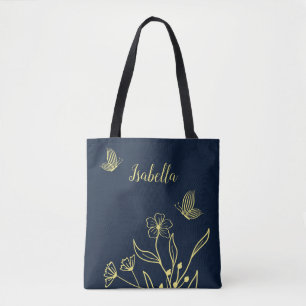 Bolsa Tote Romântico elegante flor de ouro azul-marinho