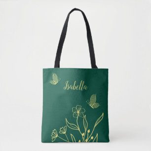 Bolsa Tote Romântico elegante flor de ouro esmeralda verde