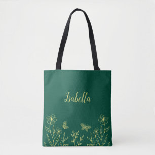Bolsa Tote Romântico elegante flor de ouro esmeralda verde