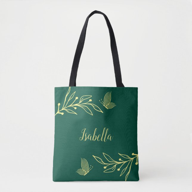 Bolsa Tote Romântico elegante flor de ouro esmeralda verde (Frente)