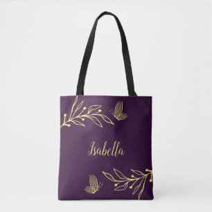 Bolsa Tote Romântico elegante flor dourada roxa