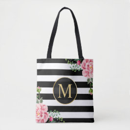 Bolsa Tote Romântico Preto Floral Branco Strips Monograma