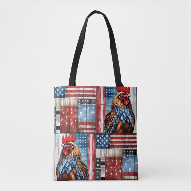 Bolsa Tote Rooster American Flag Folk art (Frente)