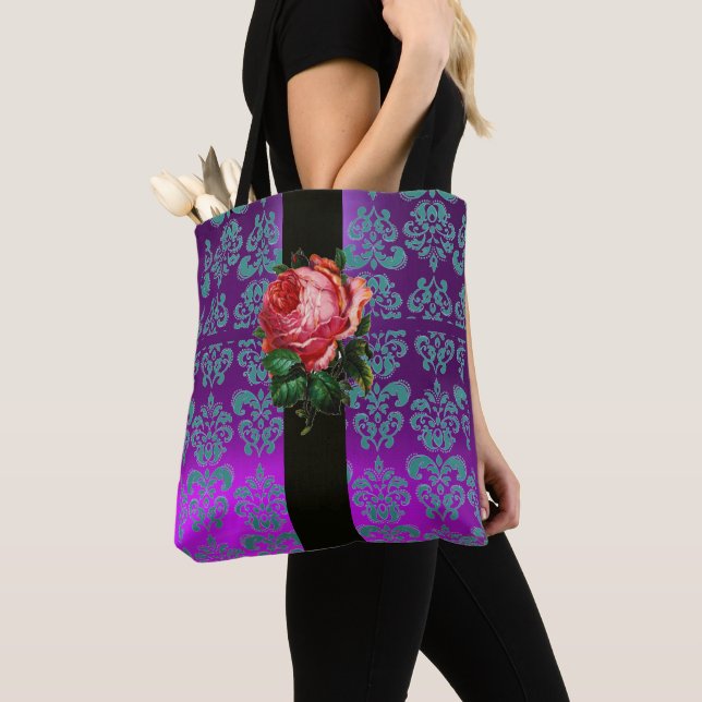 BOLSA TOTE ROSA AZUL ROSE ROSE BRUTA AZUL BELETA NEGRA DAMASK (Close Up)