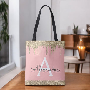 Bolsa Tote Rosa Bege Brilho Dourado Monograma Elegante