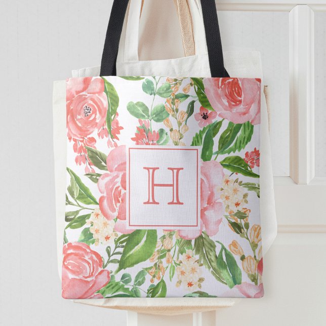 Bolsa Tote Rosa Bege Rosa Floral Aquarela Monograma Bonita (Criador carregado)