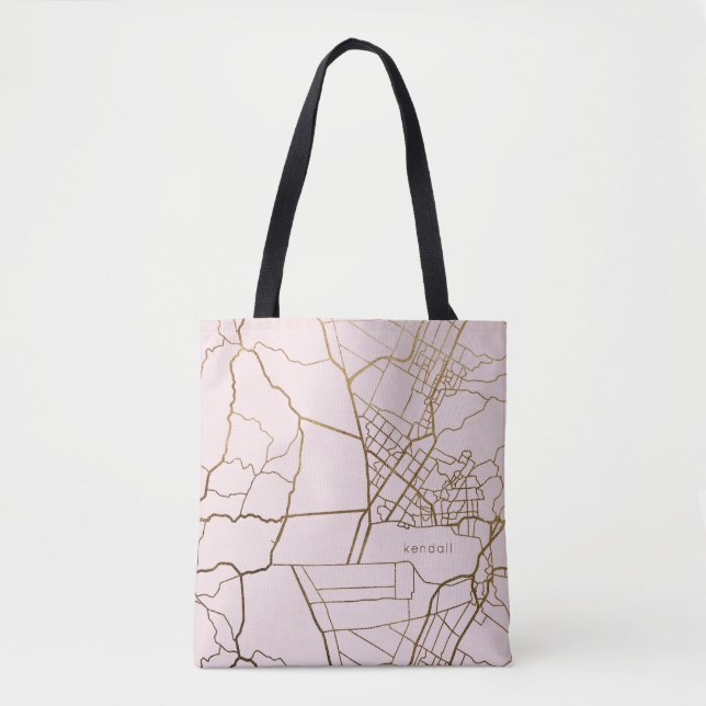 Bolsa Tote Rosa Bege Tendência com Mapa e Nome em Dourado (Frente)