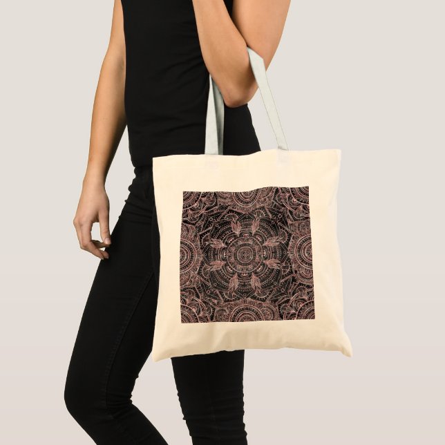 Bolsa Tote Rosa Boho Cinza Dourada Mandala Design (Frente (produto))