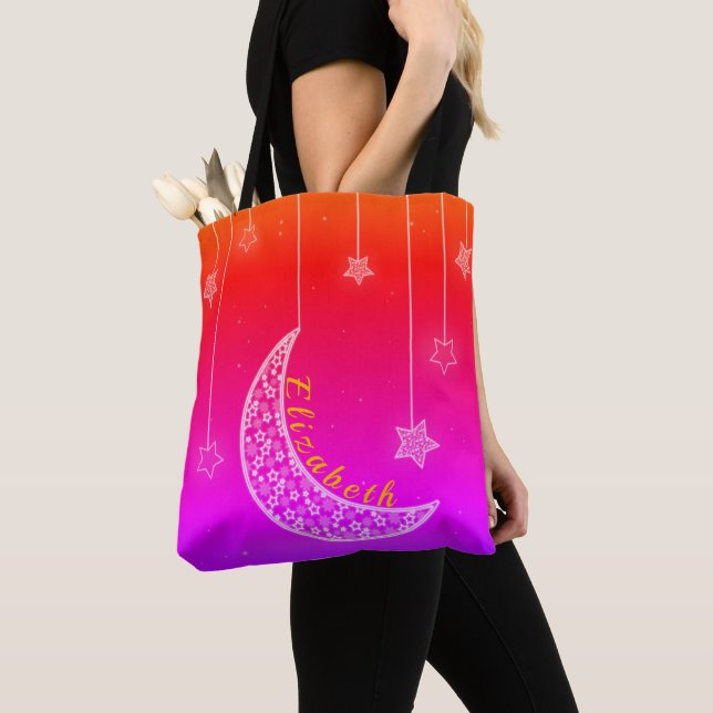 Bolsa Tote Rosa Brilhante e Vermelho com Estrelas e Lua (Close Up)