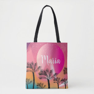 Bolsa Tote Rosa Brilhante Verão Tropical Sunset Palm Tree Art