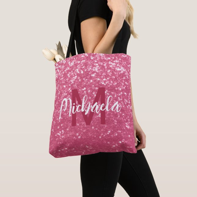 Bolsa Tote Rosa claro monograma de rosa com brilho falso (Close Up)