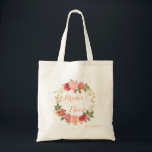 Bolsa Tote Rosa cor-de-rosa penteada, soleira<br><div class="desc">Rapariga romântica e elegante / madrinha de casamento / mãe da noiva / noiva / bolsa de tote nobre com bonito camada poeirenta de flores de rosa e escrita de pêssego em fundo branco. Adequado para um casamento floral de rosa.</div>