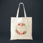 Bolsa Tote Rosa cor-de-rosa penteada, soleira<br><div class="desc">Rapariga romântica e elegante / madrinha de casamento / mãe da noiva / noiva / bolsa de tote nobre com bonito camada poeirenta de flores de rosa e escrita de pêssego em fundo branco. Adequado para um casamento floral de rosa.</div>