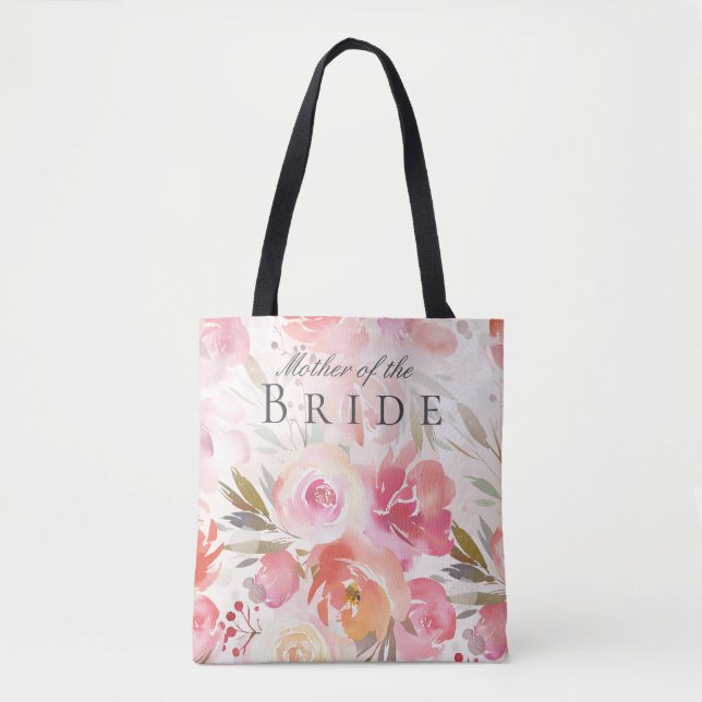 Bolsa Tote Rosa Corada Floral de Aquarela Mãe da Noiva  (Frente)