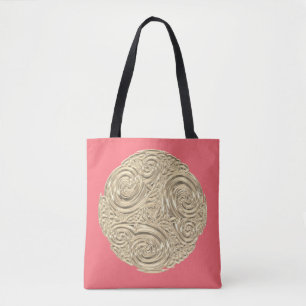 Bolsa Tote Rosa coral elegante e medalhão metálico do ouro