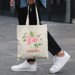 Bolsa Tote Rosa de Aquarela Rosa Coral Personalizado<br><div class="desc">Crie que você tem rosa rosa-rosa-coral personalizado e um presente-dama de buquê de flor-de-pêssego. Um design floral para o seu tema romântico de casamento. Você pode mudar a cor vermelha laranja escura da fonte do estilo caligráfico moderno.</div>