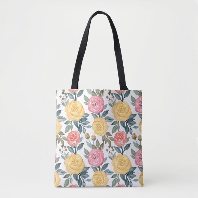 Bolsa Tote Rosa de cor de água rosa e amarela (Frente)