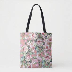 Bolsa Tote Rosa de flores de jardim com tulipas pintadas em á