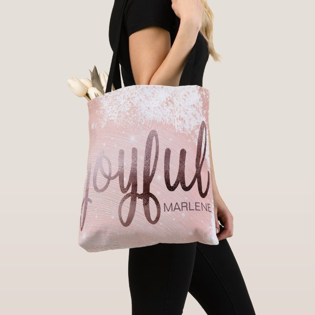 Bolsa Tote Rosa de Natal Dourada Joyful design (Close Up)