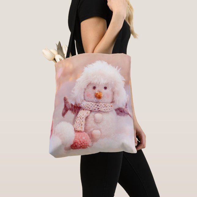 Bolsa Tote Rosa de Natal e Branca Fluffy Snowman (Close Up)