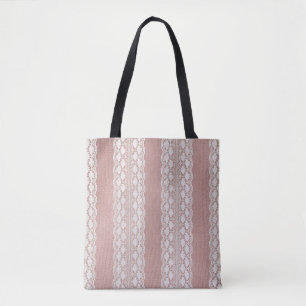 Bolsa Tote Rosa de ouro metálico, textura de renda esbranquiç