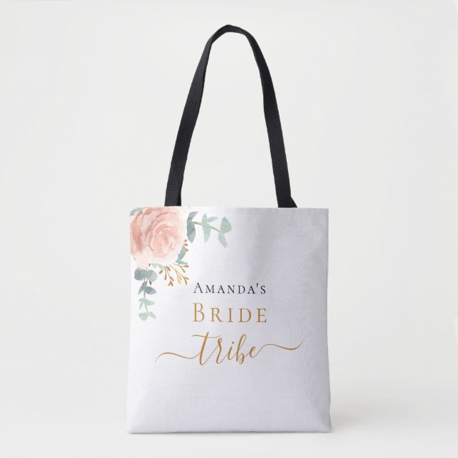 Bolsa Tote Rosa de ouro-nobre eucalipto verde-floral (Frente)