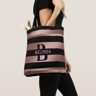 Bolsa Tote Rosa Dourada Black Striped Monograma dela