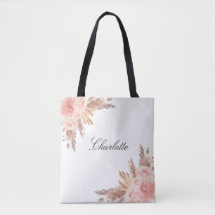 Bolsa Tote rosa dourada floral grama das pampas nome branco