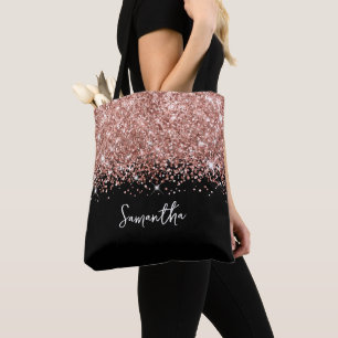 Bolsa Tote Rosa Dourado Brilhante e Nome Glam Preto