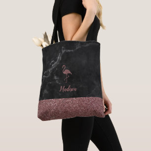 Bolsa Tote Rosa Dourado Faux Glitter Flamingo no Mármore Negr