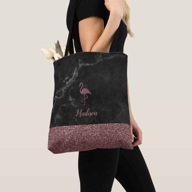 Bolsa Tote Rosa Dourado Faux Glitter Flamingo no Mármore Negr (Close Up)